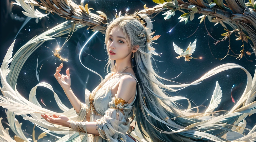 A fairy with a fairy spirit，White satin tulle gown，White fringed hair ornament，Long white hair，Big chest，noble profile，A noble gesture，Faraway view，8k，Flying on one leilky Way starry sky background，Fairy spirit fluttering halo，Profile vision，Flying forward with one hand