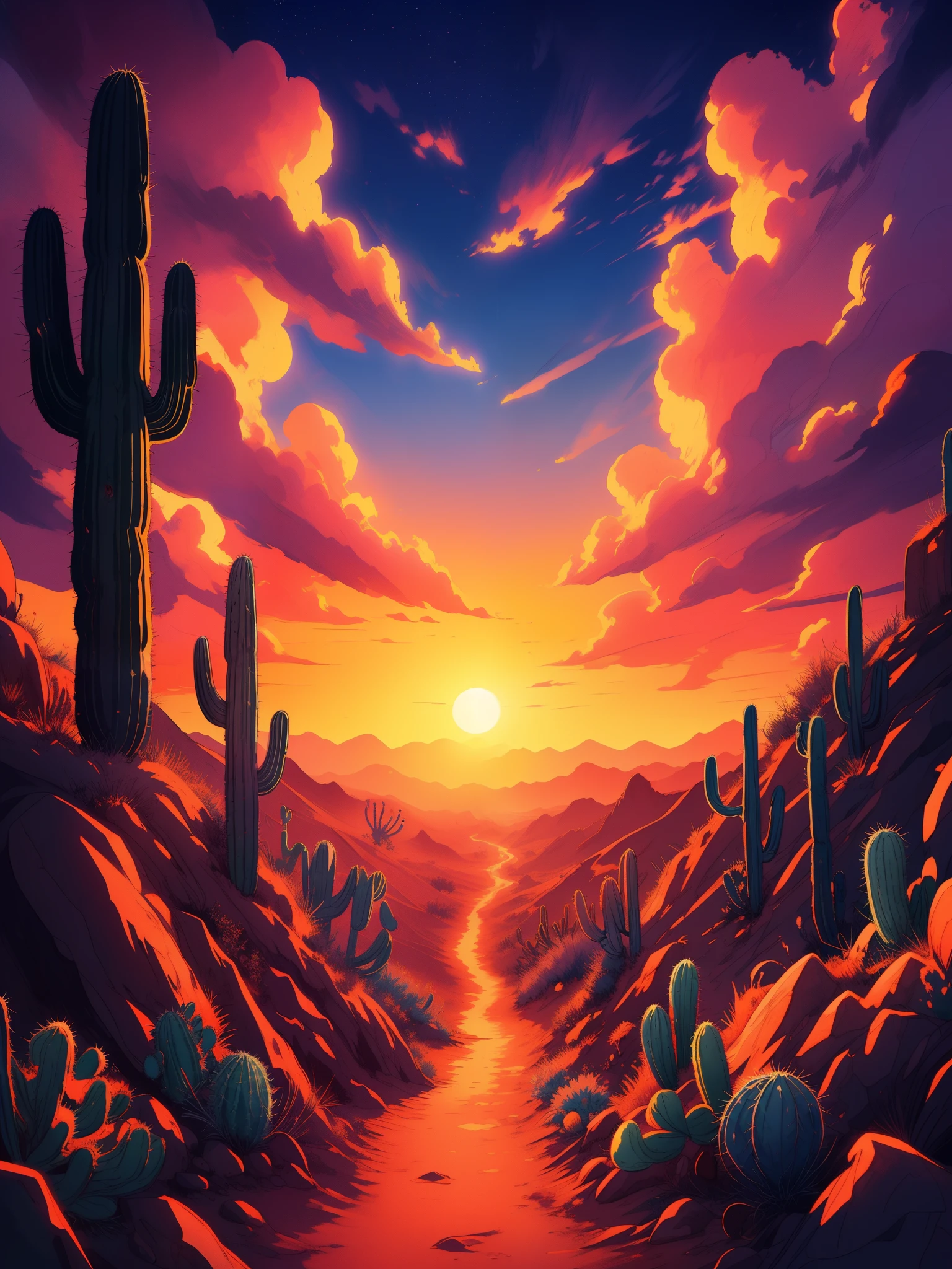 Draw an anime lofi scene of path through desert, huge sunset in horizon, cactus, natural color tones, cloudy magical sky, beautiful color palette, vibrant saturated colors, masterpiece, cinematic cloudy sky, no human