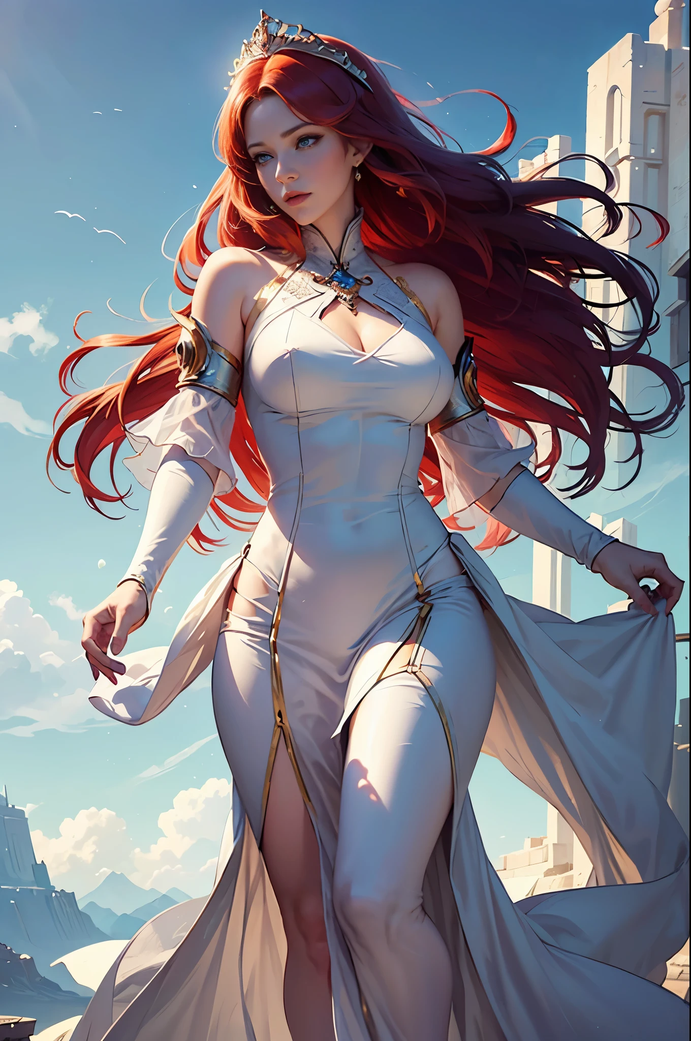 A red-haired arafe woman posing in a white dress, concept-art:by Jeremy Chong, cg society contest winner, Fantasy Art, a beautiful fantasy empress, Fantasy Art Style, Very detailed ArtGerm, Fantasyart, artgerm julie bell beeple, ((a beautiful fantasy empress)), style of artgerm, Best Quality, Perfect Angle, perfect-composition, masuter piece, Best Shots, Perfect model body shape, extremely detailed and beautiful eyes, Blue eyes