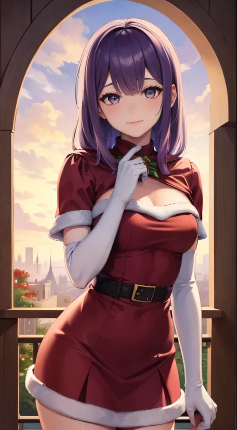 1girl, solo, masterpiece, best quality, high res, highly detailed, (illustration), beautiful detailed eyes, warBernie, purple hair  ,glossy lips, light makeup, light smile, long white satin elbow gloves ,cowboy shot, (santa), red santa dress