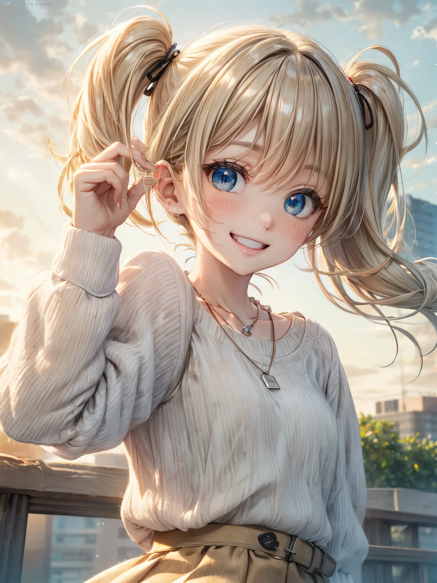 absurderes, ultra-detailliert,bright colour,extremely beautiful face and eyes,view straight on,Short hair,Blonde hair with short twin tails,Shiny hair,Delicate beautiful face, red blush,(Deep Blue Eyes:1.2),hair clips,a necklace,(White horizontal striped shirt),(Happy smile:1.4),(Khaki Long Skirt:1.3),Beautiful cloud,(Black boots),Dusk sky,