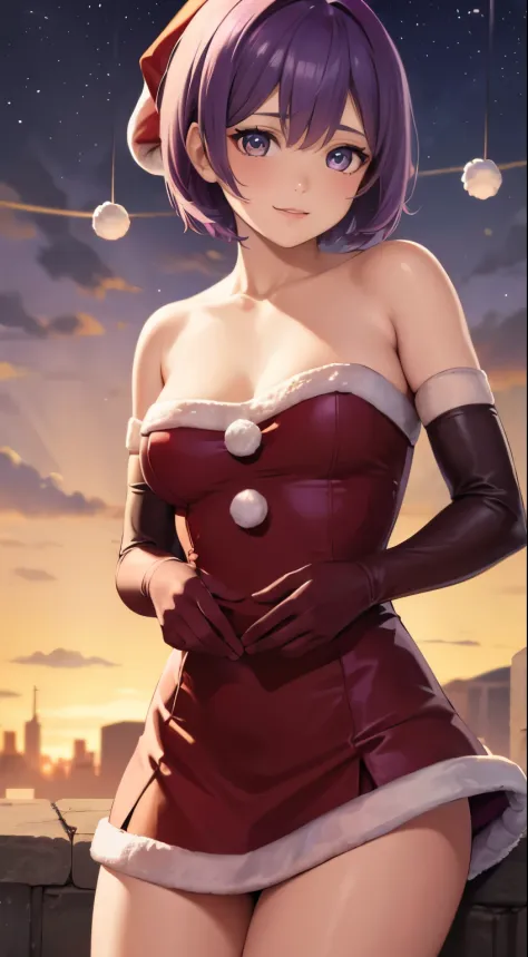 1girl, solo, masterpiece, best quality, high res, highly detailed, (illustration), beautiful detailed eyes, warBernie, purple hair, short hair ,glossy lips, light makeup, light smile, long white satin elbow gloves ,cowboy shot, (santa), red santa dress