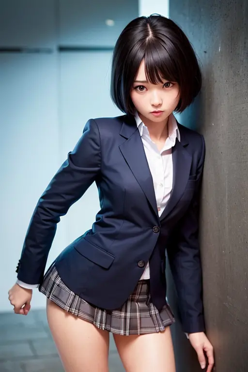 Realistic high school girl wearing a blazer、soio、Short black hair、Navel out、hight resolution、hightquality