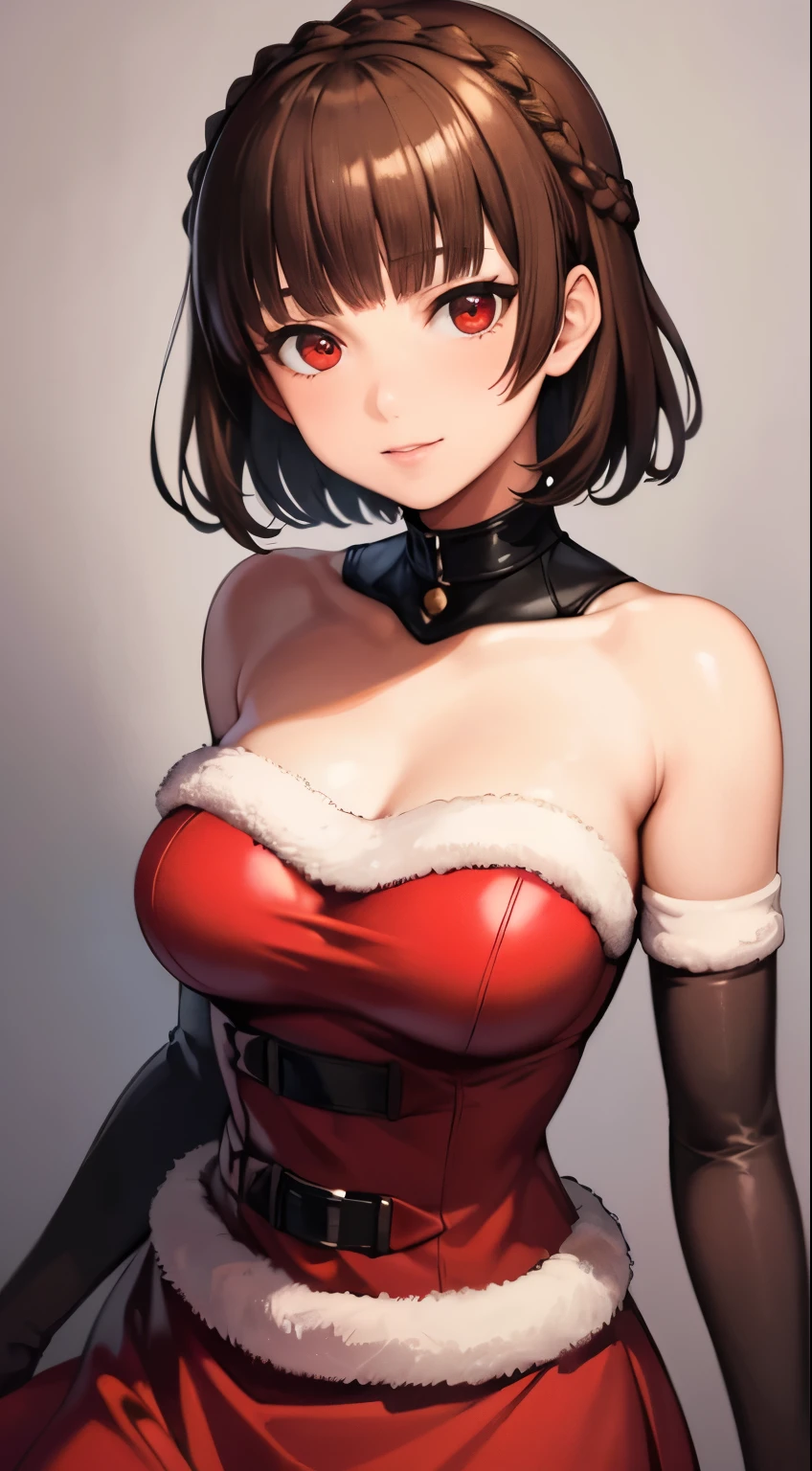 1girl, solo, masterpiece, best quality, high res, highly detailed, (illustration), beautiful detailed eyes, makoto nijima, blunt bangs, braid, brown hair, crown braid, (red eyes:1.3), short hair, ,glossy lips, light makeup, light smile, long white satin elbow gloves ,cowboy shot, (santa), red santa dress