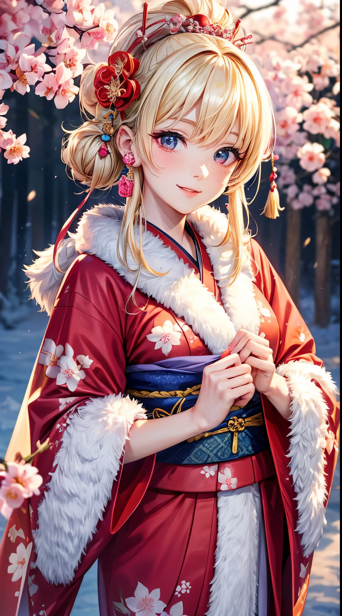 Very detailed CG Unity 8K wallpaper, Cute One Girl, Mature blonde girl, half updo,beautiful  Girl, hot maiden, pale skin (Super masterpiece, Beautiful person, well detailed face polluted smile,   flat chest is hidden by kimono、Photorealistic, hyper realisitic), Colorful winter kimono in red and pink colors 、has white fur、 Wearing white gloves,Japanese Style Hair Accessories,  (Light Lighting)、smil,Upper body 、Japanese background with pink flowers