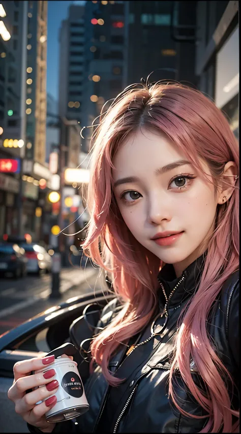 1girl in, ((Fisheye, Selfie)), Wind, hair messy, Sunset, Cityscape, (Aesthetics and atmosphere:1.2),Beautiful woman smiling、8K、An ultra-high picture quality、japanes、1 woman around 20 years old、pinkhair、Smiling、((白い歯でSmiling))、