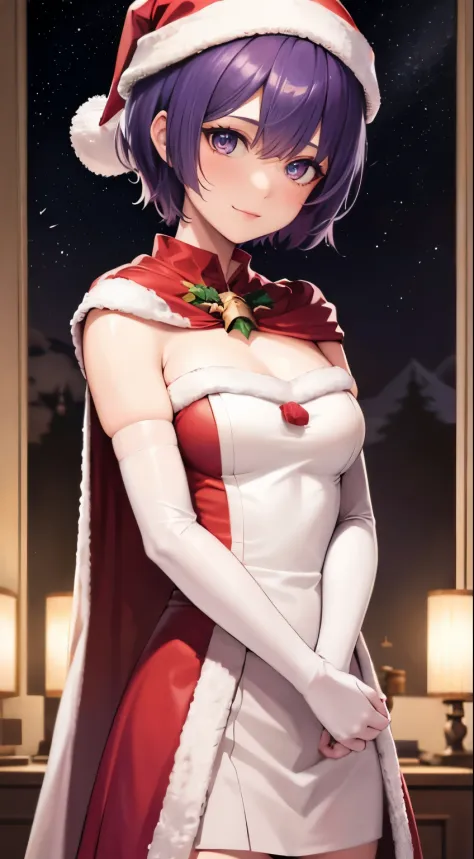 1girl, solo, masterpiece, best quality, high res, highly detailed, (illustration), beautiful detailed eyes, warBernie, purple hair, short hair ,glossy lips, light makeup, light smile, long white satin elbow gloves ,cowboy shot, (santa), red santa dress