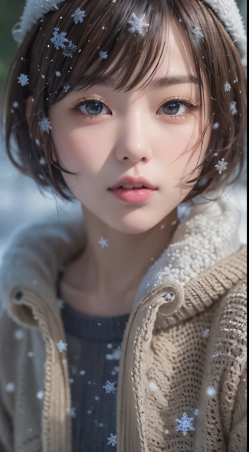 in the snowy forest, japanese girl, wniter knit sweater, snowing, pupils sparkling, brown short hair, big breast, realistic Portrait, depth of field, f/1.8, anatomically correct, textured skin, super detail, high details, high quality, super detail, high details, high quality, best quality, highres