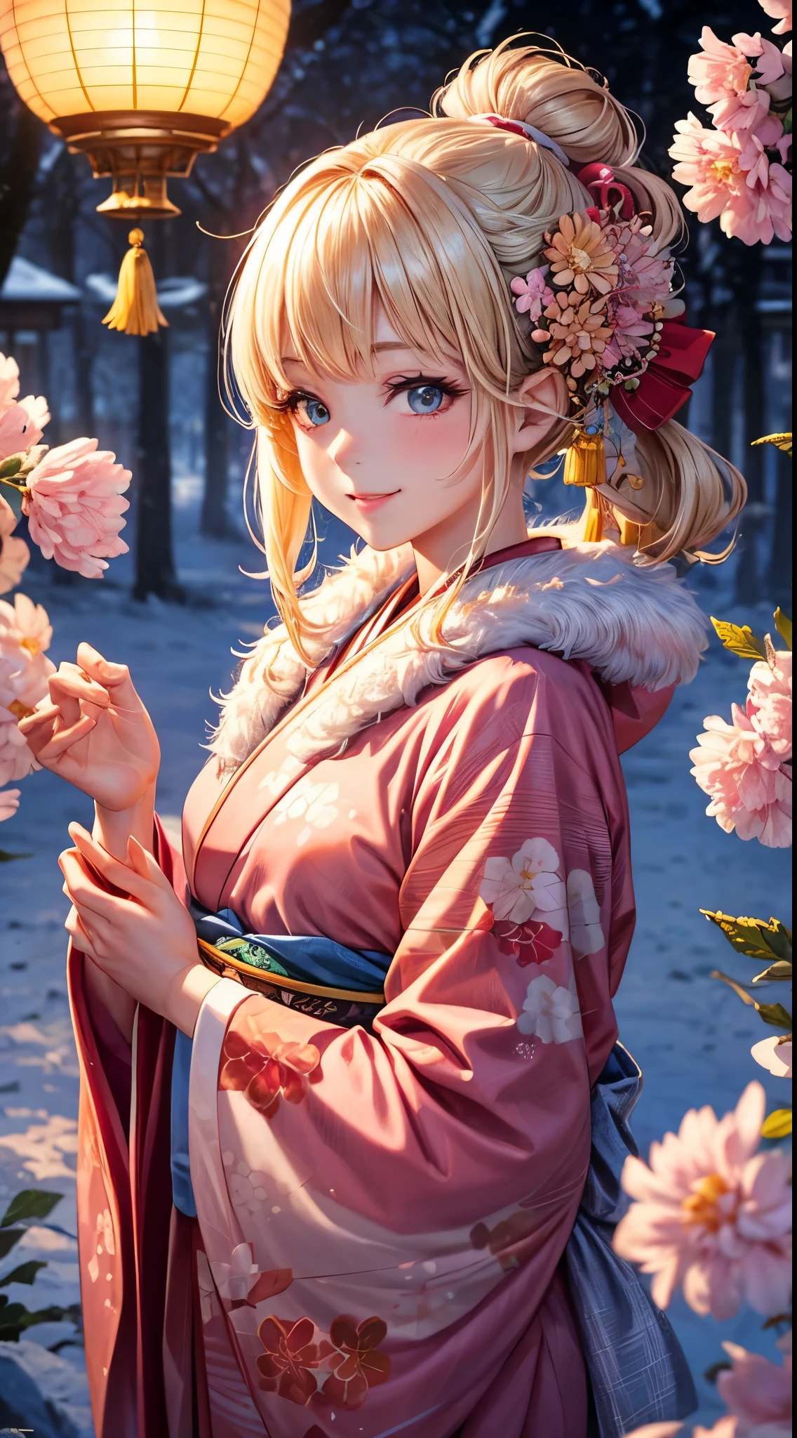 Very detailed CG Unity 8K wallpaper, Cute One Girl, Mature blonde girl, half updo,beautiful  Girl, hot maiden, pale skin (Super masterpiece, Beautiful person, well detailed face polluted smile,   flat chest is hidden by kimono、Photorealistic, hyper realisitic), Colorful winter kimono in red and pink colors 、has white fur、 Wearing white gloves,Japanese Style Hair Accessories,  (Light Lighting)、smil,Upper body 、Japanese background with pink flowers and chrysanthemums