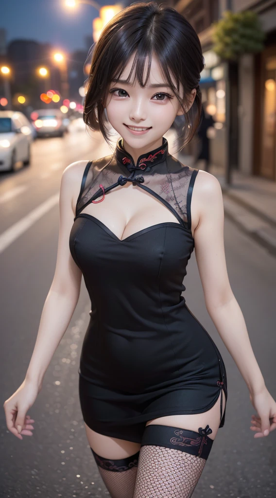 ((top-quality、masutepiece、hight resolution))、(Zoom photo from the front:1.75、Pose inviting a man、On the street at night、Medium hair、A dark-haired:1.5、Small cleavage、Cute smile:1.45、1 beautiful girl、fishnet tights)、kawaii faces、(((qipao dress)))
