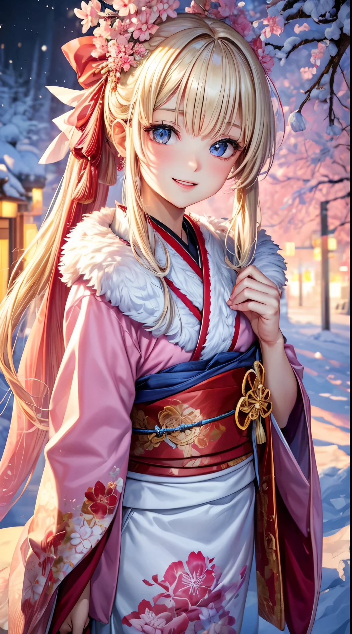 Very detailed CG Unity 8K wallpaper, Cute One Girl, Mature blonde girl, half updo,beautiful  Girl, hot maiden, pale skin (Super masterpiece, Beautiful person, well detailed face polluted smile,   flat chest is hidden by kimono、Photorealistic, hyper realisitic), Colorful winter kimono in red and pink colors 、has white fur、 Japanese Style Hair Accessories,  (Light Lighting)、smil,Upper body 、Japanese background with pink flowers and snow