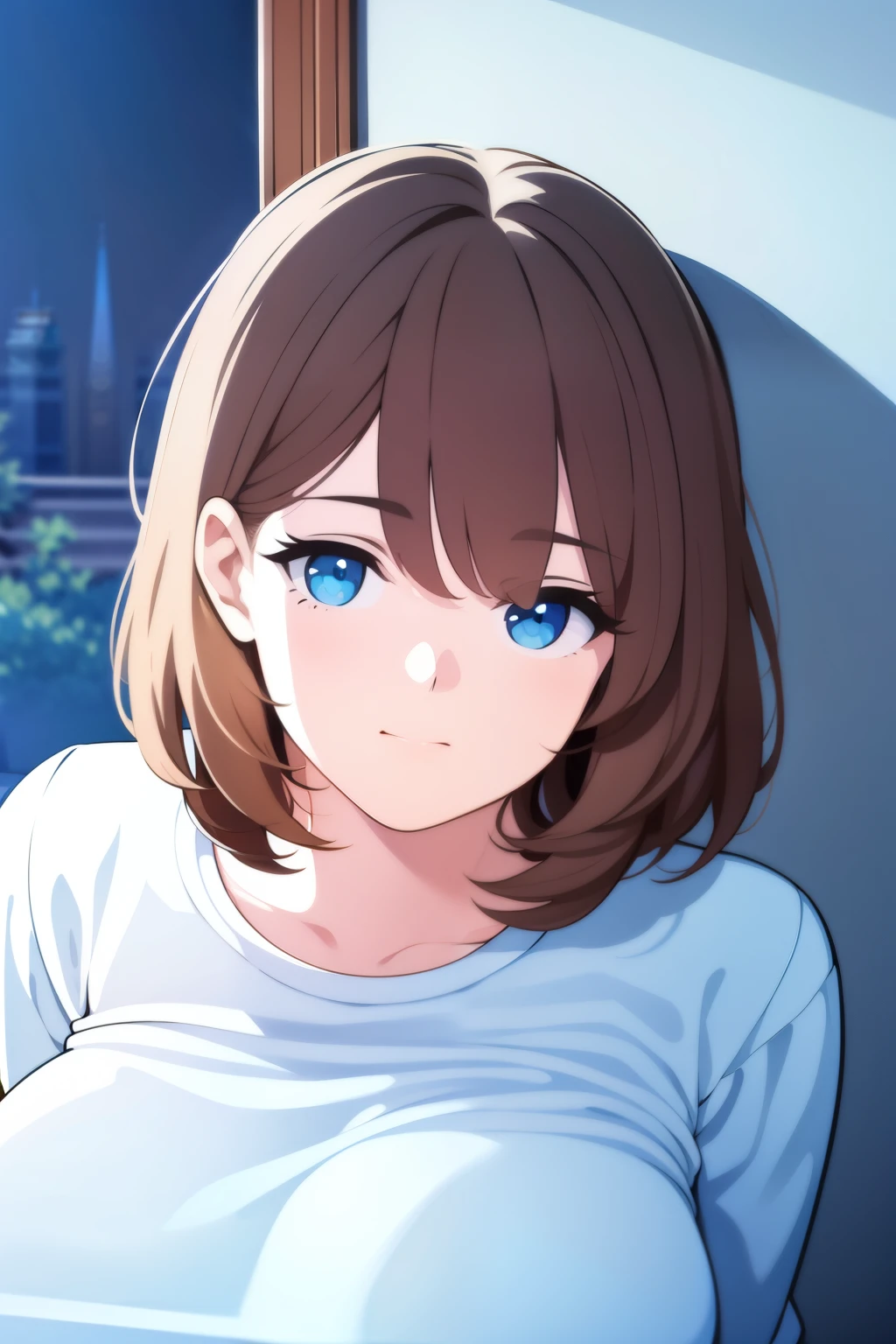 best quality, realistic:1.37), detailed portrait, tired face, only Plain white t-shirt, half naked, short brown hair, blue eyes hourglass body, large breast