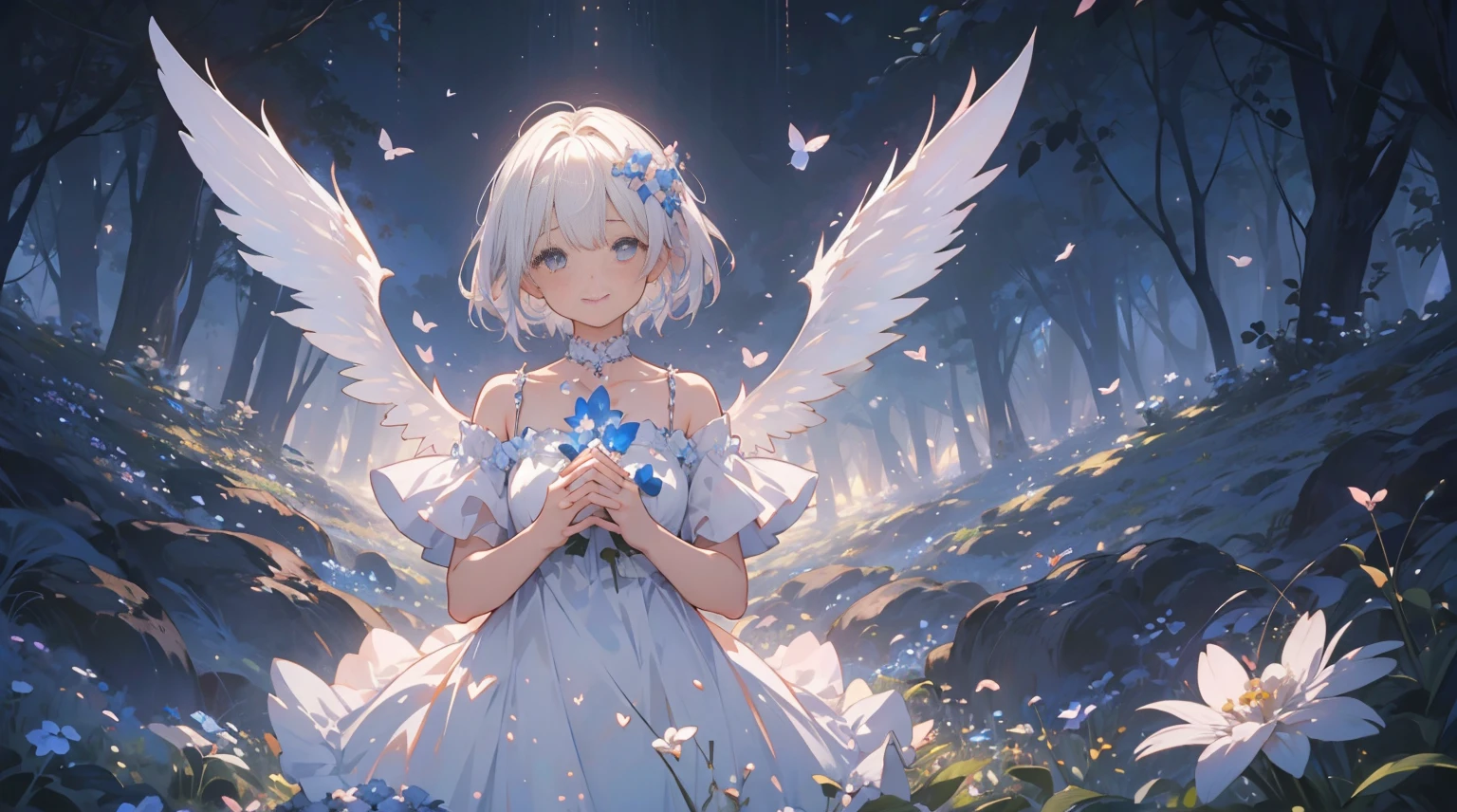 (1girl in:1.3)、(Fractal Art:1.3)、white  hair、short-hair、Spread your wings with both hands、embrace your heart、I&#39;ll give you a diamond heart、forget-me-not blue light、A guide to endless flowers blooming、No problem、side lights、A smile