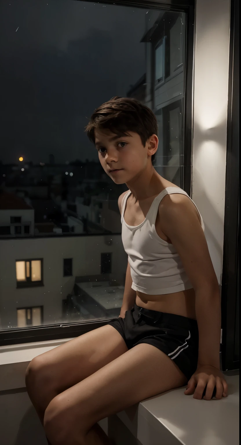 Arafed boy sitting on a window sill looking out at the city SeaArt AI