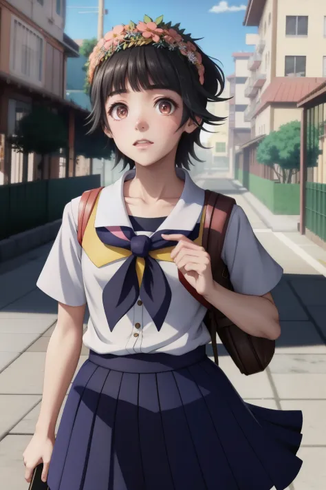 anime girl in a school uniform walking down a street, anime visual of a cute girl, beautiful anime high school girl, young anime...