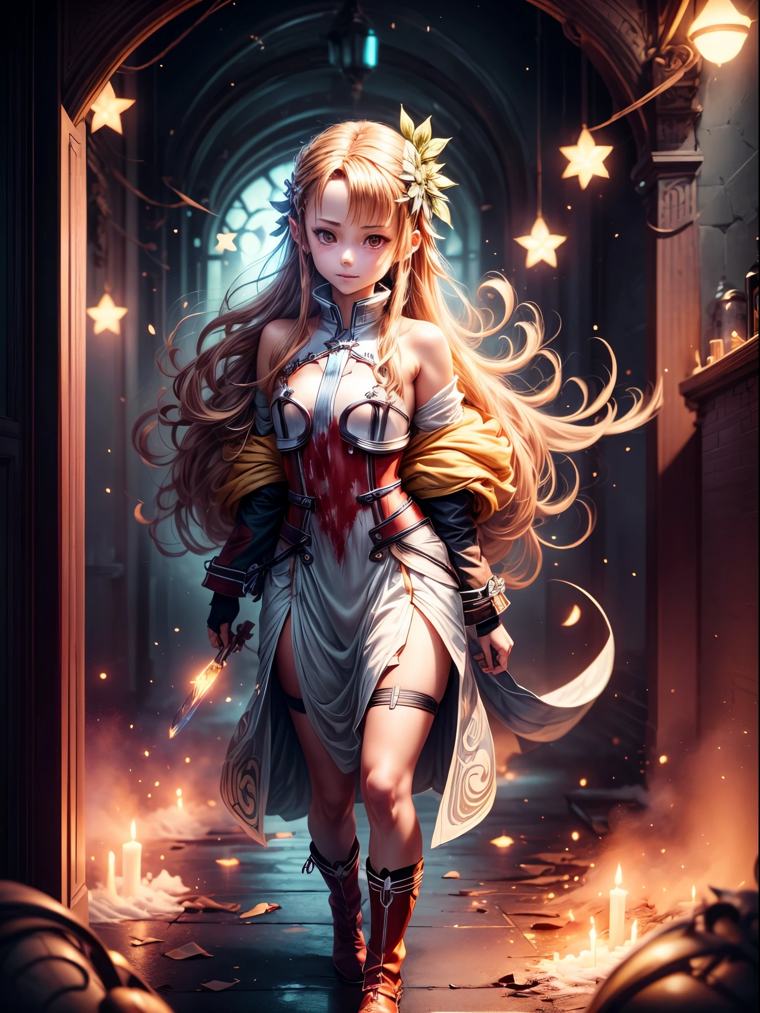 8K,(Asuna(As estrelas): 1.6),one-girl, Alone,(perfect anatomia:1.43), (Medium hair:1.55) ,(Half up, half down:1.45),By bangs, Brown eyes,Fine Eye,(Sad smile:1.3),White stockingrown hair:1.6),boots stained with blood,(18yr old:1.5),full bodyesbian,(血色白银full bodyesbian板甲与浸血长斗篷的融合:1.63),(of shoulders:1.5),(mini-skirts:1.26),(Holding a bloody sword:1.43),(Standing on the blood pool battlefield on a moonlit night:1.52),fanciful,(blood effect:1.5erspectives,Eye level view,(shadowing:1.21)