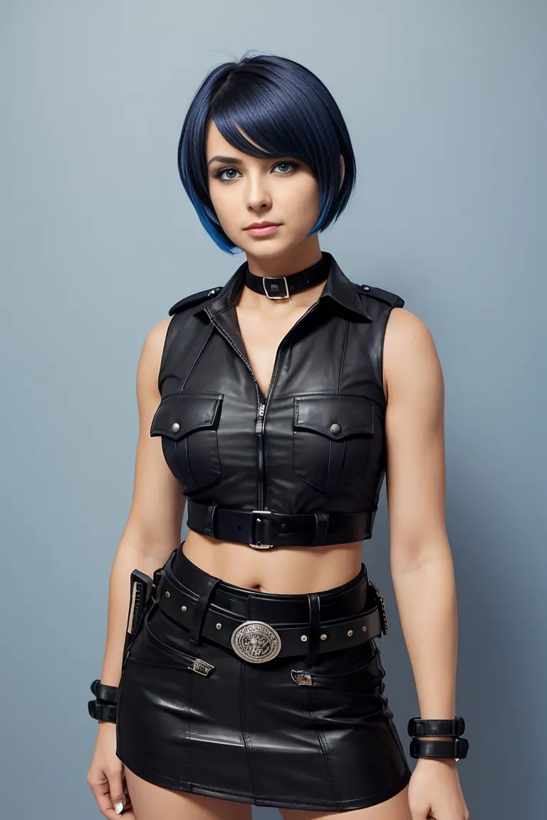25 year old woman with short indigo hair dressed in a skimpy sleeveless black police officer blouse with leather miniskirt, wear...