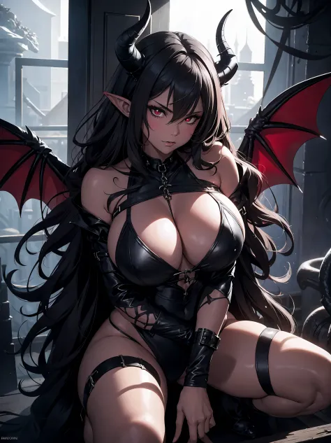 Fantasy, night, 4k, high detailed, Cinematic scene and lighting, a voluptuous succubus with horns and curvy body, she crouches in a corner, body is firmly chained, heavy Iron chains, Hands tied, light shines from behind the succubus, illuminating her Silho...