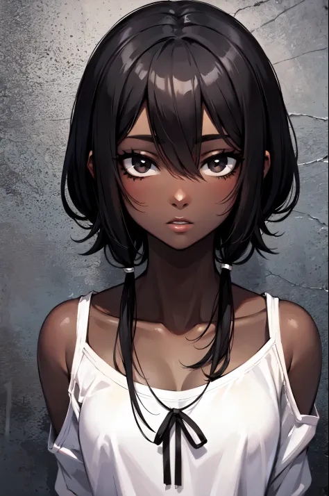 Black skinned girl, upper body portrait, black eyes