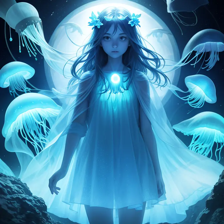 surrealism,blue jellyfish, bioluminescence,let there be light, halo,faceless
