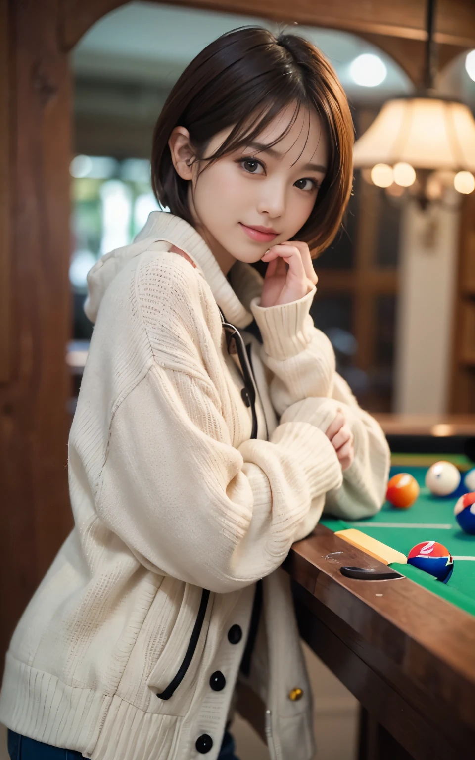 Cute 21 years old Japan、Billiards、date、A smile、Super Detail Face、Eye of Detail、double eyelid、beautiful thin nose、sharp focus:1.2、prety woman:1.4、(light brown hair,short cut hair, White skin、top-quality、Luminescence、​masterpiece、超A high resolution、(Photorealsitic:1.4)、cute fancy winter clothes、colorful muffler、