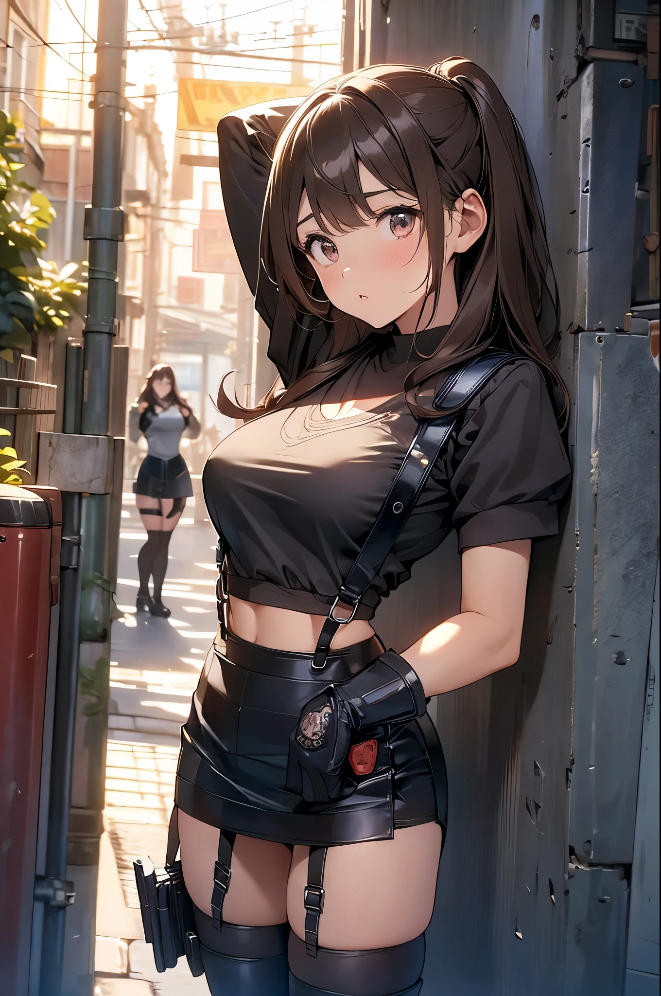 Brown hair、watching at viewers　　　black suspenders　　　Bulging big breasts　　 　 　　　walls: 　Black miniskirt　garters　　　　　　Gaze　　　Small face　bangss 　　　holster　　　Beautuful Women　　hands up　　レッグholster ベッドに横たわる　　Gaze 　black boots panty shot　provocation　flank　flank汗　soio 　arm