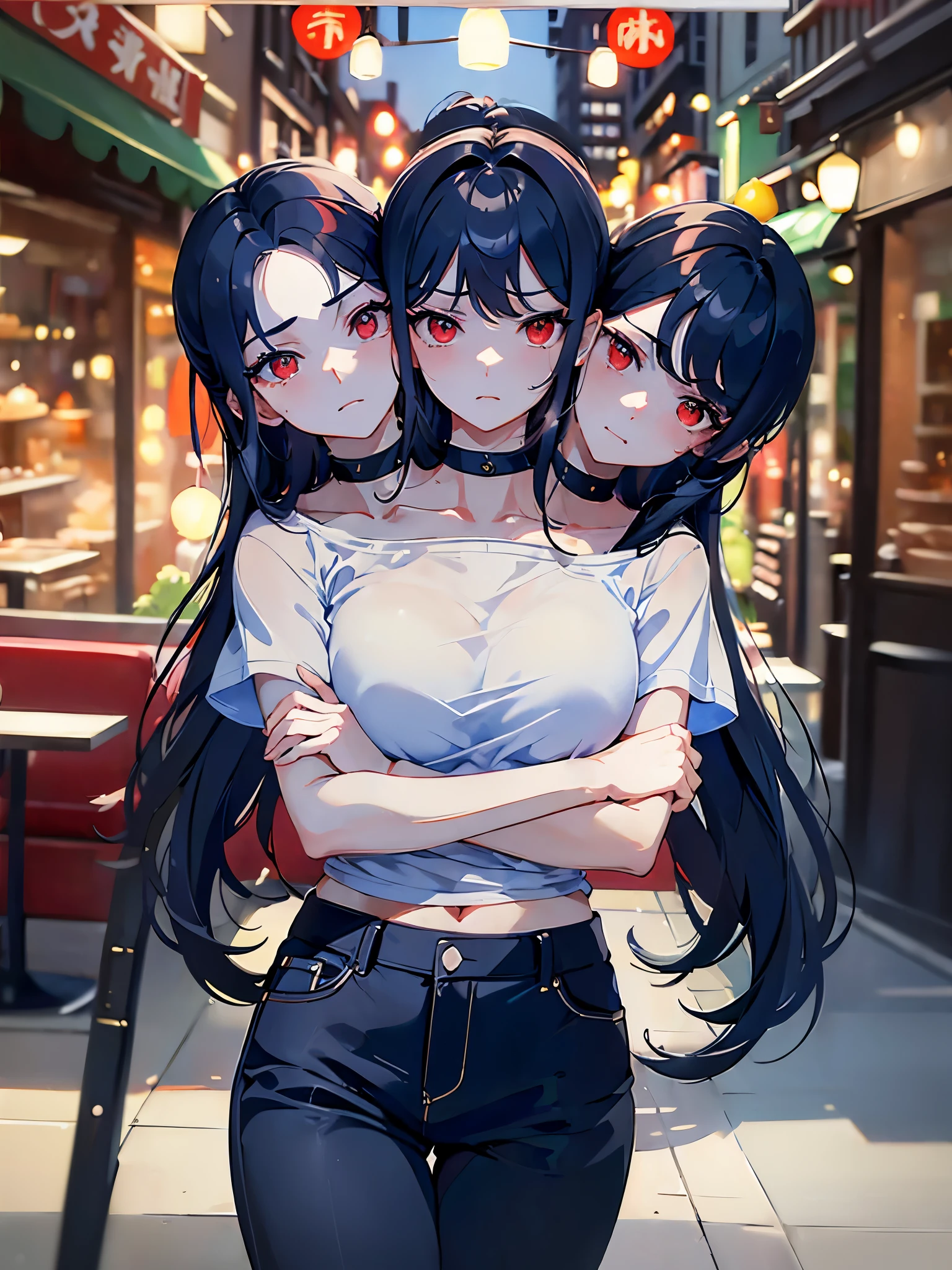(masterpiece, best quality), best resolution, (3heads:1.5), 1girl, black hair, red eyes, rolling eyes at viewer, annoyed, bored, arms crossed, blue t-shirt, long pants, outside a seafood restaurant