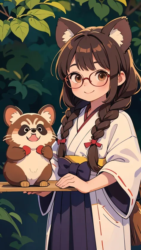 Masterpiece。top-quality。ren。Detailed details。one girls。Cute little girl s。brown haired。Braids bow。Pill glasses。see the beholder。A slight smil。Tanuki ears。Tanuki tail。Japan priestess costume。Hold a broom with both hands that is about as long as your height....