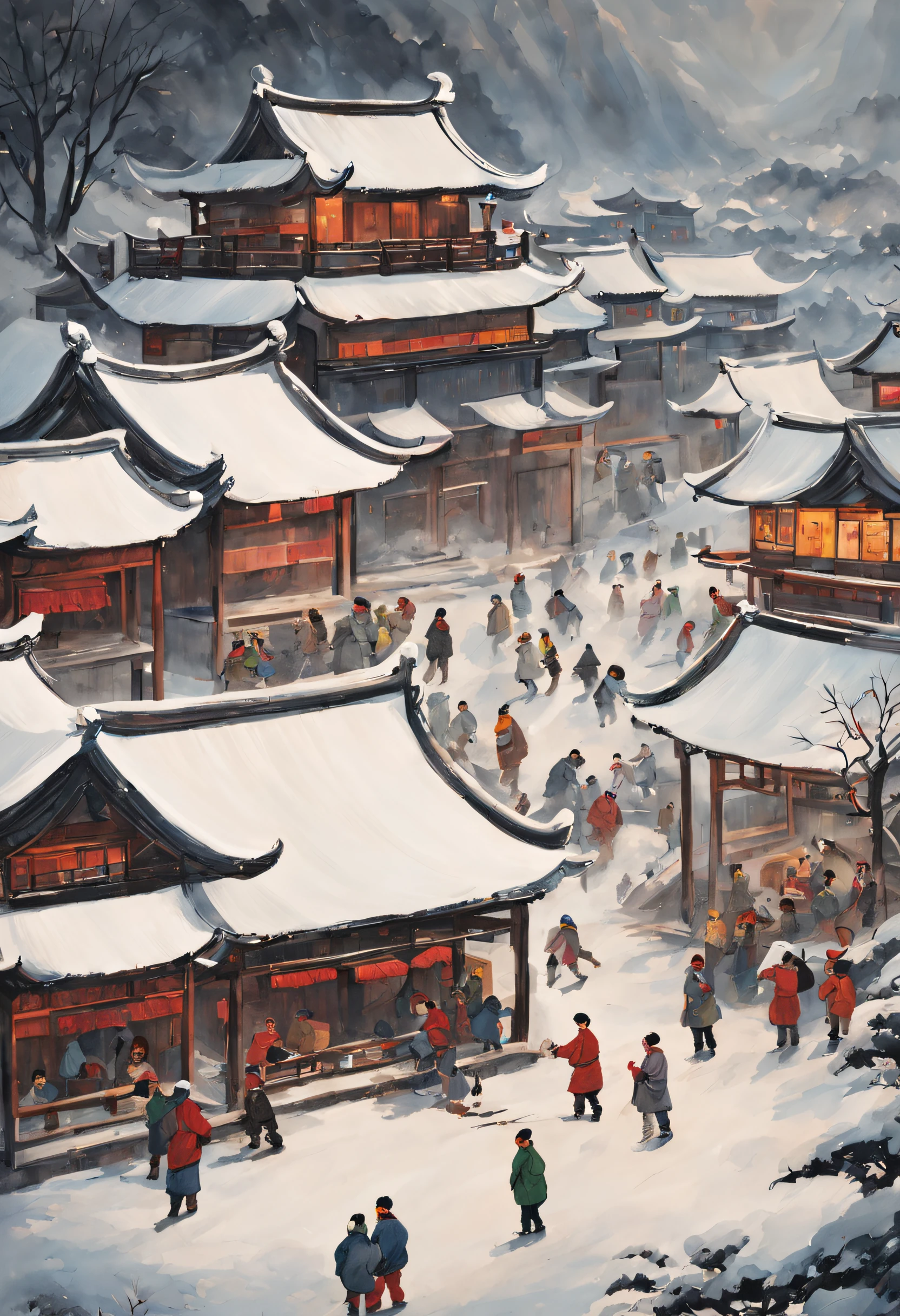 at winter season，Traditional chinese painting，with an antique feel，highland，college，many children playinake a snowman，farce，Scenes，Clear detail