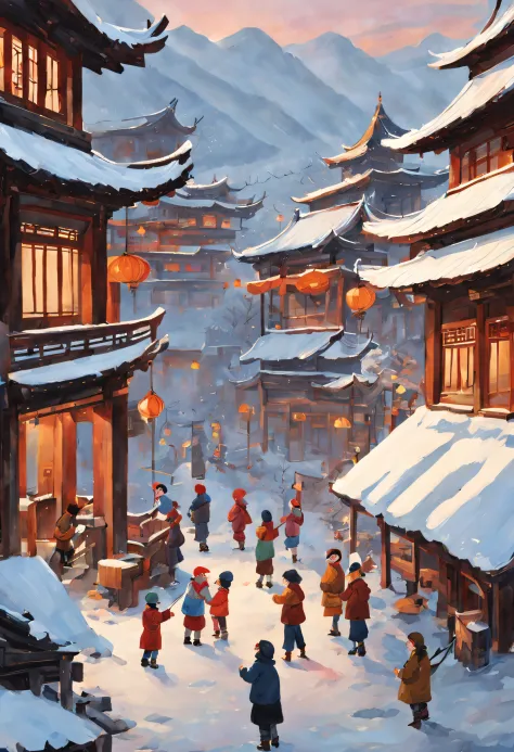 at winter season，Traditional chinese painting，with an antique feel，highland，college，many children playinake a snowman，farce，Scen...