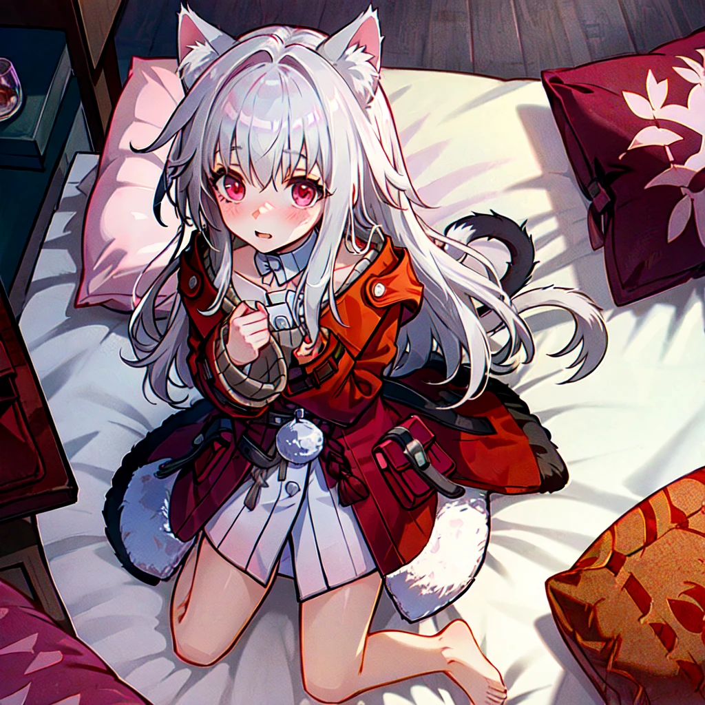 1girl, clara \(honkai: star rail\), solo, red eyes, red coat, detached collar, sweater, white dress, barefoot, blush, shy, looking at viewer, wariza, bed, indoors, from above, cat ears, cute