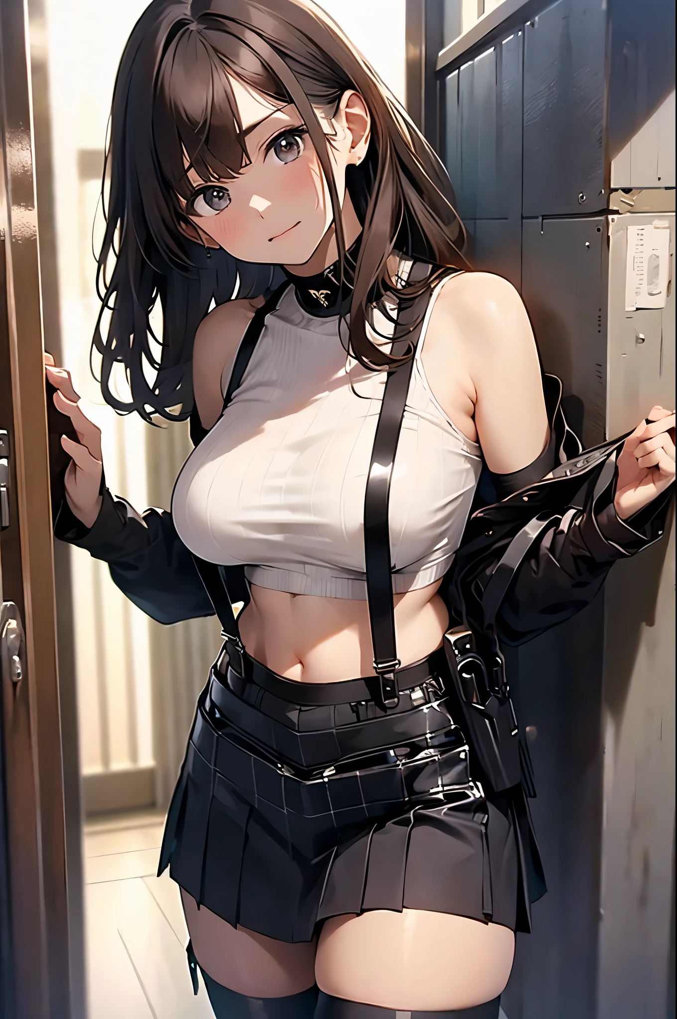 Brown hair、watching at viewers　　　black suspenders　　　Bulging big breasts　　 　 　　　walls: 　Black miniskirt　garters　　　　　　Gaze　　　Small face　bangss 　　　holster　　　Beautuful Women　　hands up　　レッグholster ベッドに横たわる　　Gaze 　black boots panty shot　provocation　flank　flank汗　soio 　arm