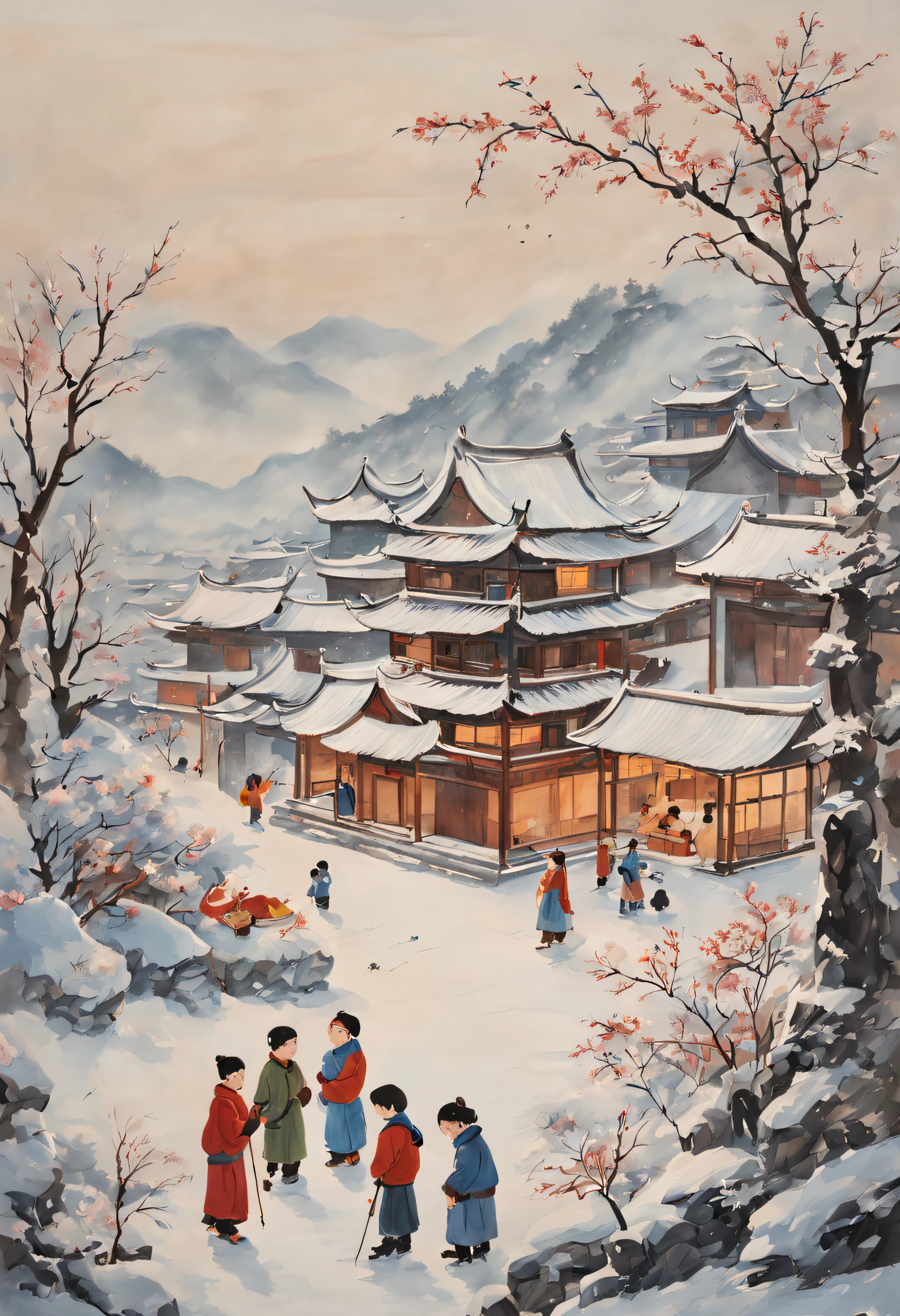 en hiver，peinture traditionnelle chinoise，Avec une touche antique，montagnes，collège，beaucoup d&#39;enfants jouent au bonhomme de neige，farce，scènes，détail clair