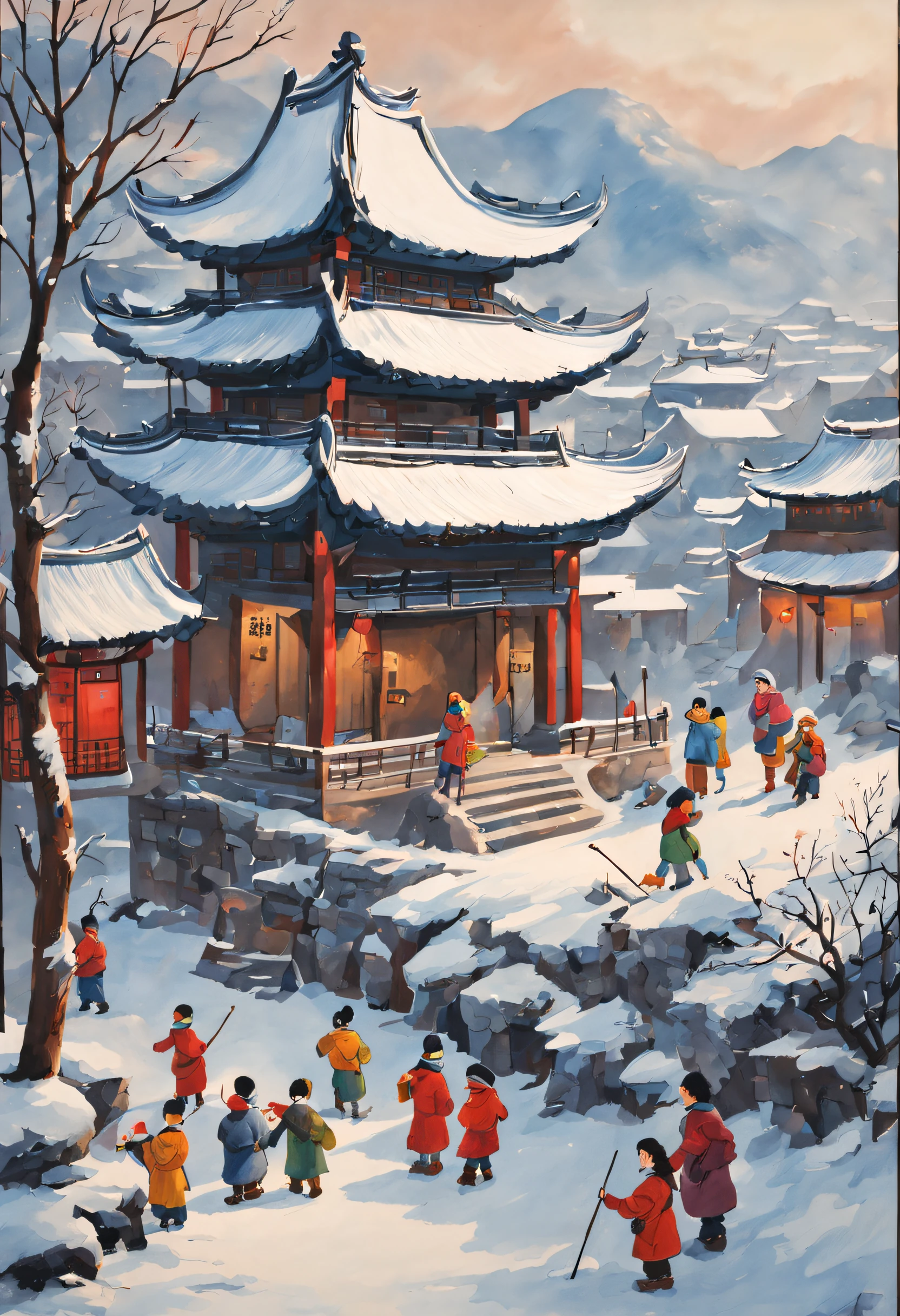 at winter season，Traditional chinese painting，with an antique feel，highland，college，many children playinake a snowman，farce，Scenes，Clear detail