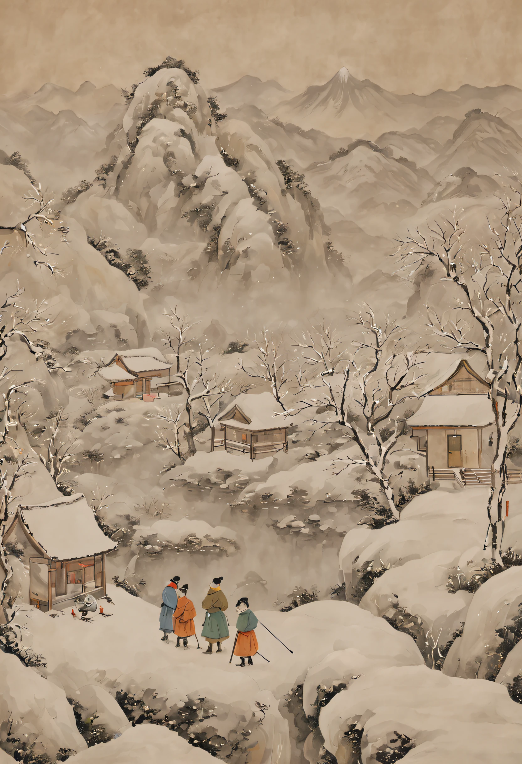 冬季，伝統的な中国絵画，アンティークな雰囲気，高地，カレッジ，多くの子供たちが雪だるま遊びをしている，茶番，シーン，明確な詳細