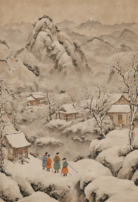 at winter season，Traditional chinese painting，with an antique feel，highland，college，many children playinake a snowman，farce，Scen...