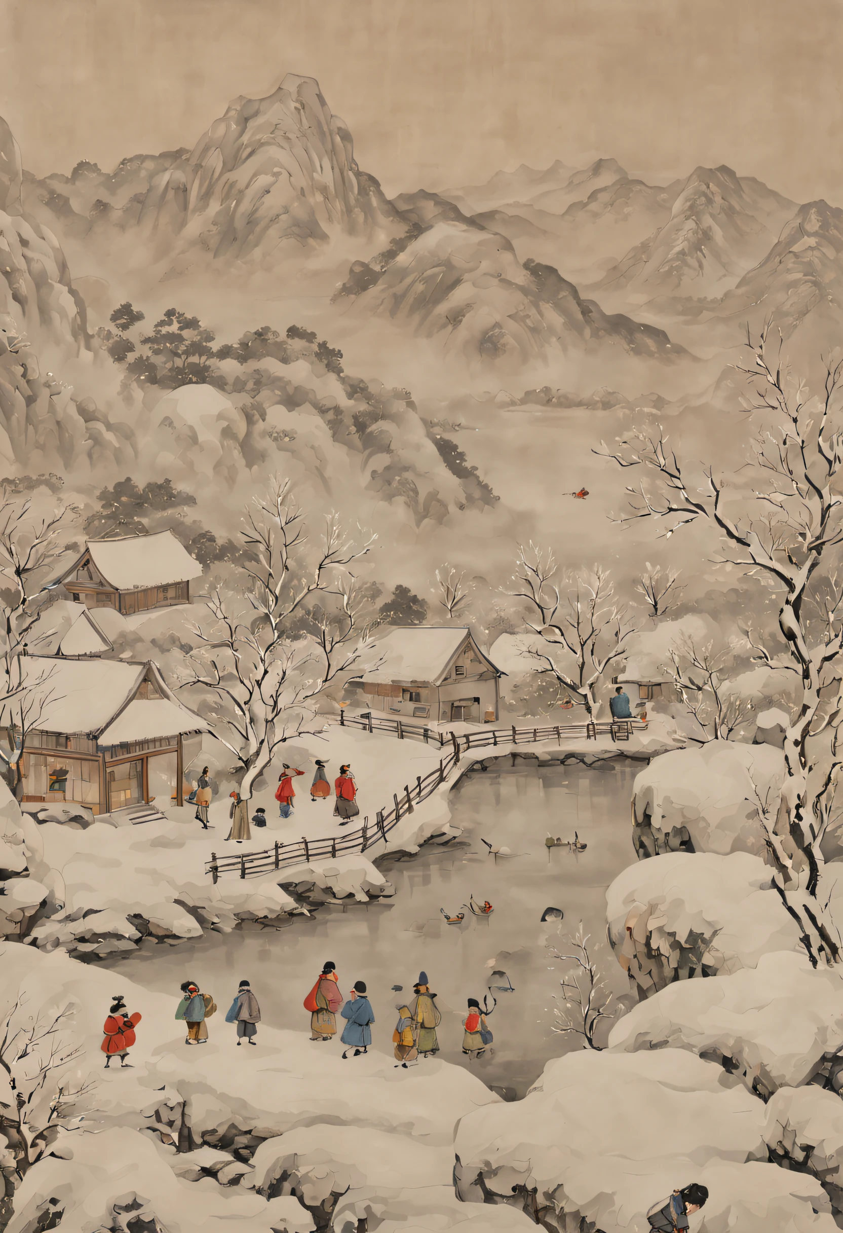 en la temporada de invierno，pintura tradicional china，con un aire antiguo，tierras altas，colega，Muchos niños juegan a un muñeco de nieve.，farsa，Escenas，Detalle claro