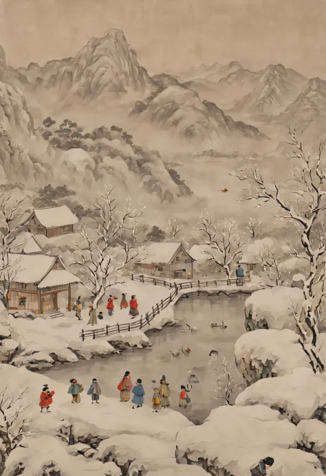 at winter season，Traditional chinese painting，with an antique feel，highland，college，many children playinake a snowman，farce，Scen...