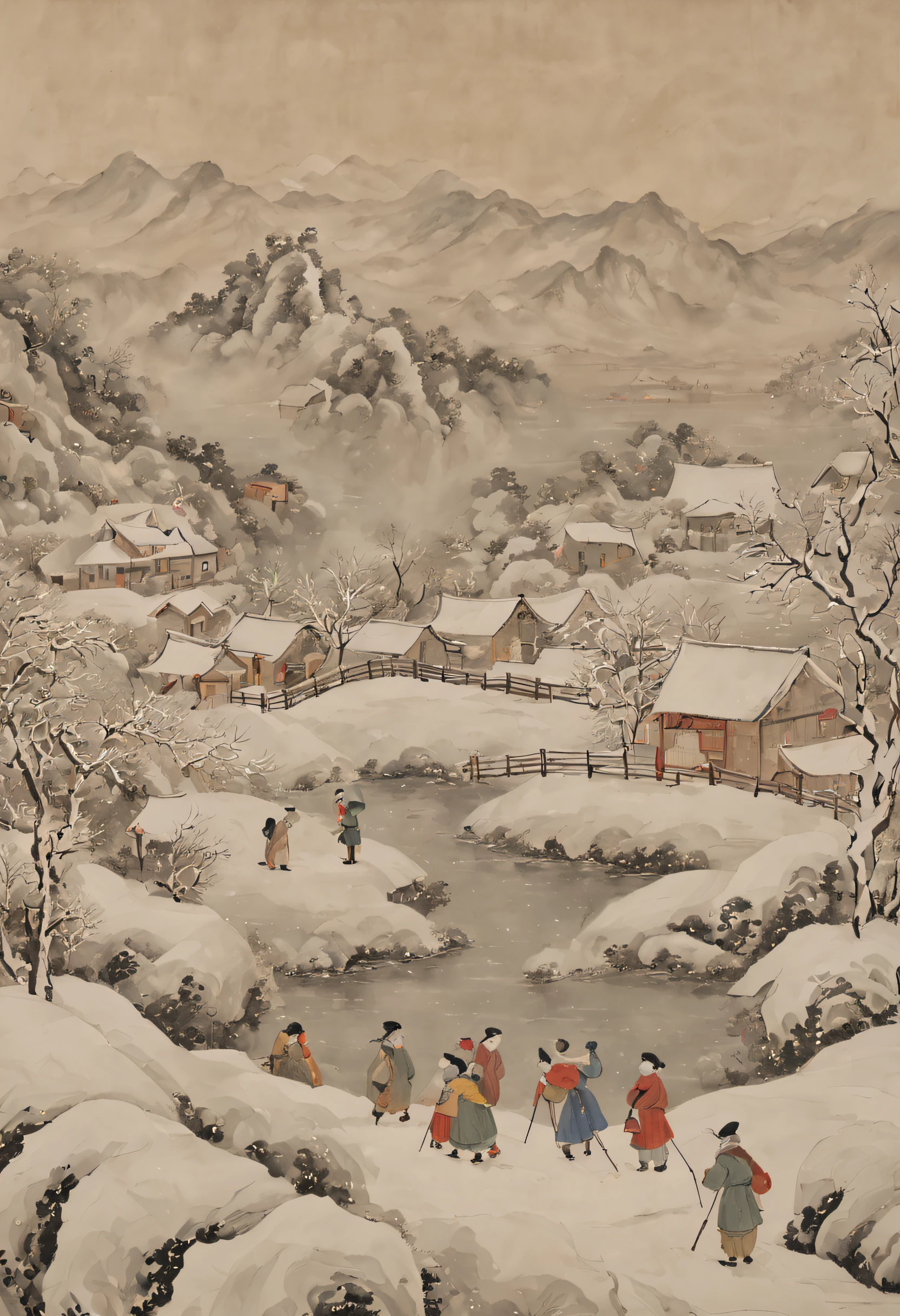 冬季，伝統的な中国絵画，アンティークな雰囲気，高地，カレッジ，多くの子供たちが雪だるま遊びをしている，茶番，シーン，明確な詳細