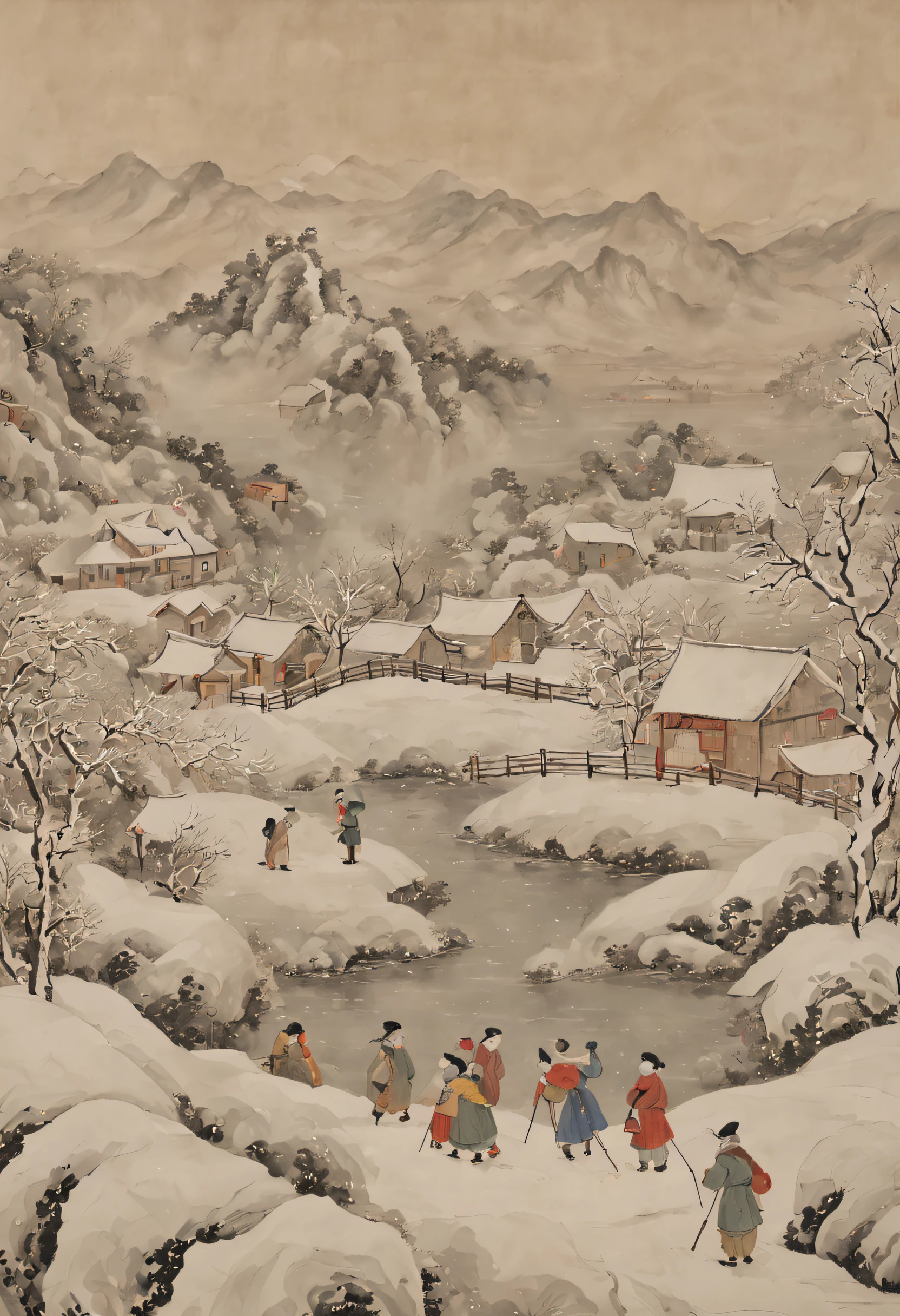 at winter season，Traditional chinese painting，with an antique feel，highland，college，many children playinake a snowman，farce，Scenes，Clear detail