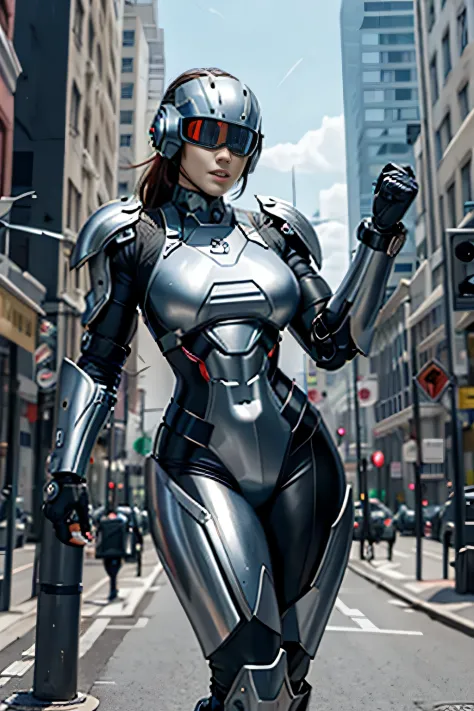 female robocop solo、Armor that completely covers the whole body、very large armor、Helmet to hide your eyes、Rainbow Armor、Armor th...