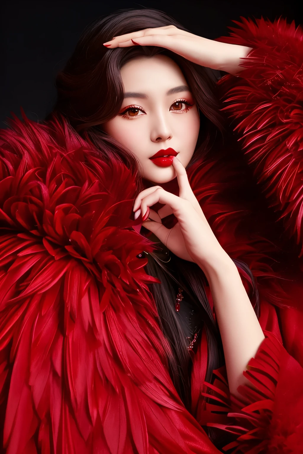 Wear a red coat、Fide woman with red lipstick and red feathers, wearing Red fur, Red fur, wearing Red fur cloak, High end fashion shoot, high fashion photography, rich red colors, Red and movie lighting, fine art fashion photography, Red is the main color, Wear red, closeup Portrait shooting, High fashion fashion shoot, Portrait shooting, Wear red clothes