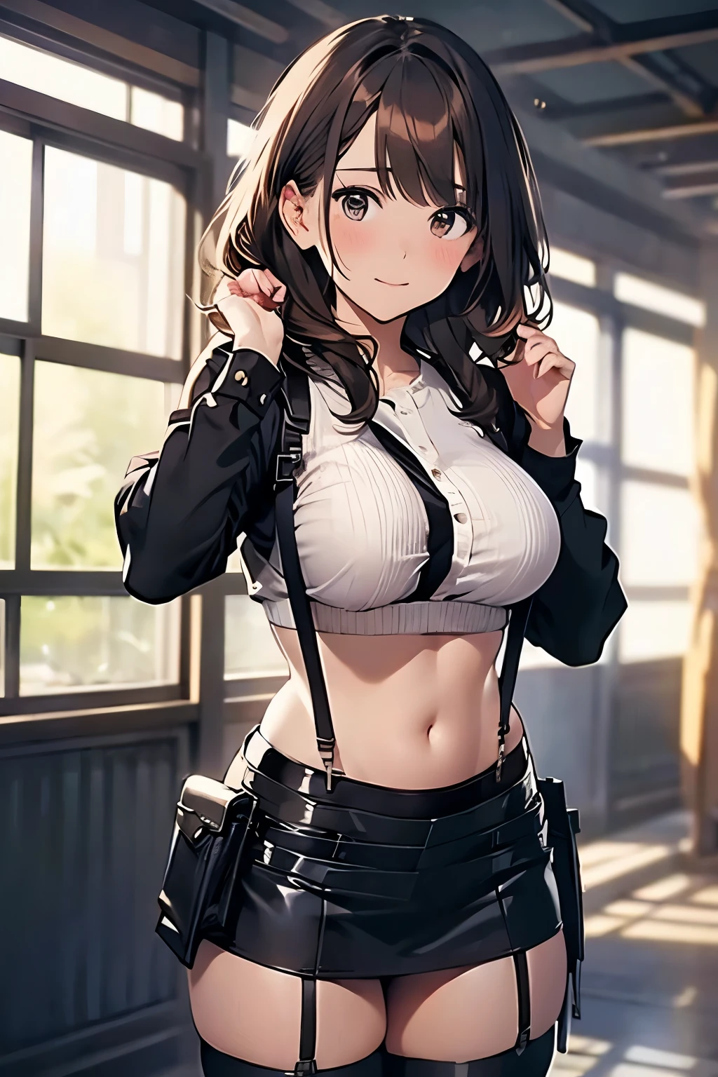 Brown hair、watching at viewers　　　black suspenders　　　Bulging big breasts　　 　 　　　walls: 　Black miniskirt　garters　　　　　　Gaze　　　Small face　bangss 　　　holster　　　Beautuful Women　　hands up　　レッグholster ベッドに横たわる　　Gaze 　black boots panty shot　provocation　flank　flank汗　soio 　arm