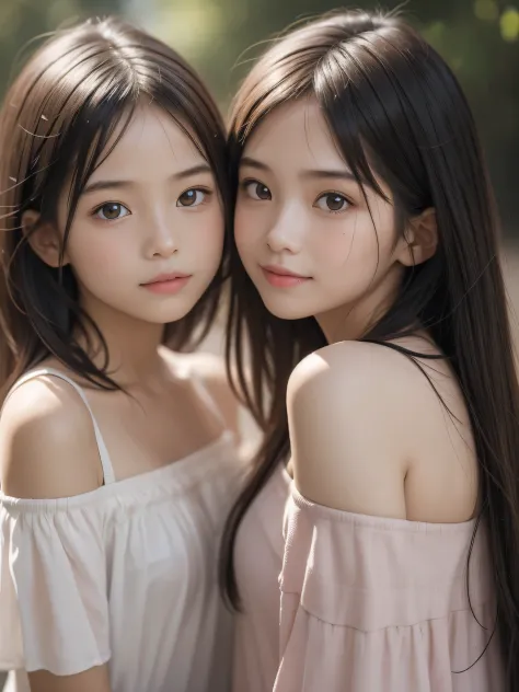 (2 little girls:1.3), (Ultra Realistic), (Highly detailed eyes, Highly detailed hair, Highly detailed face, Highly detailed plump lips), Naked, (off shoulders), breasts, Upper body, Search Smile, (Best Quality:1.4), Raw photo, (Realistic, photo-Realistic:1...