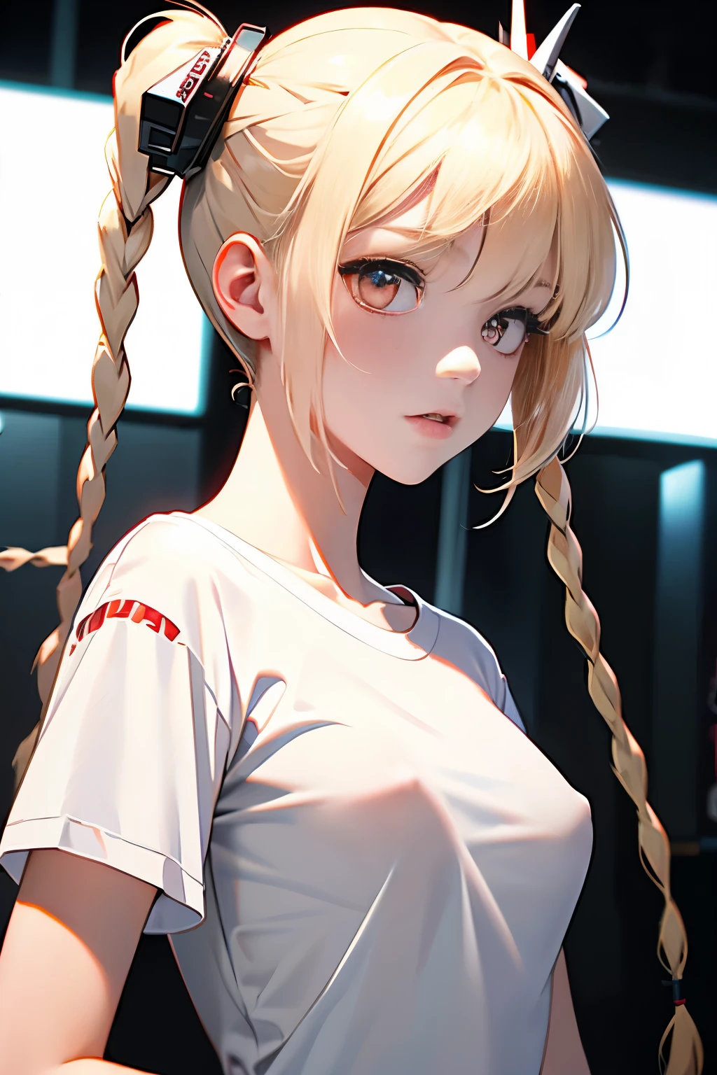 optimum，tmasterpiece，hight resolution，best qualtiy，hyper HD，super detailing，awardwinning，16K，solo，（The upper part of the body），anatomy correct，Beautiful Cyberpunk Girl，Cowboy Shot、cute  face，，a blond、Longhaire、Twin-tailed、Braids, Hairline，（（scarlet eyes）），long eyelasher，Hanging eye corners，White skin of the，shoot from the side, ((white t-shirts:1.5)), ((Sheer nipples))、Rocket , （Slim body），
