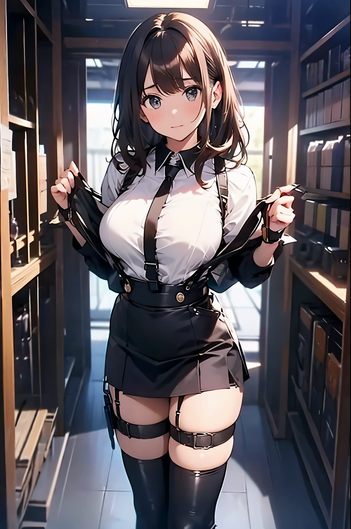 Brown hair、watching at viewers　　　black suspenders　　　Bulging big breasts　　 　 　　　walls: 　Black miniskirt　garters　　　　　　Gaze　　　Small face　bangss 　　　holster　　　Beautuful Women　　hands up　　レッグholster ベッドに横たわる　　Gaze 　black boots panty shot　provocation　flank　flank汗　soio 　arm