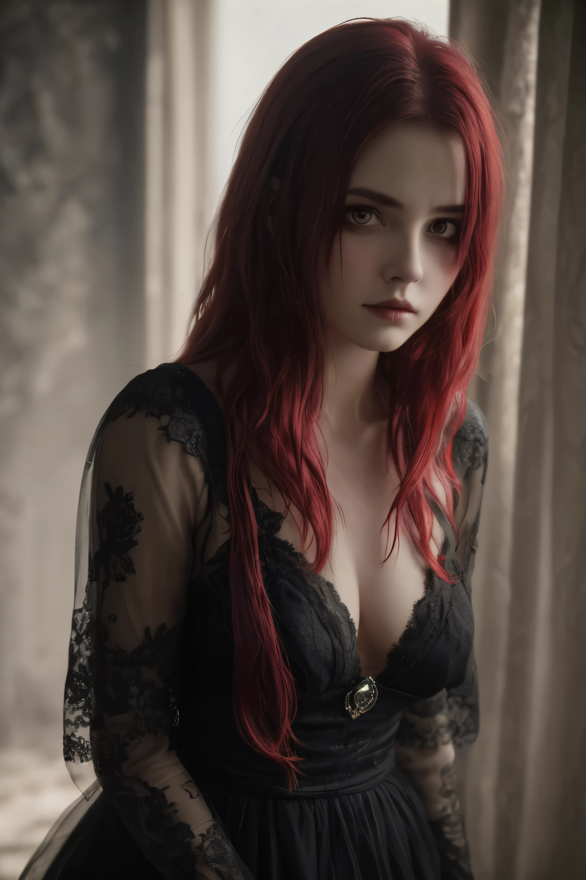 A close up of a woman with red hair wearing a black dress - SeaArt AI