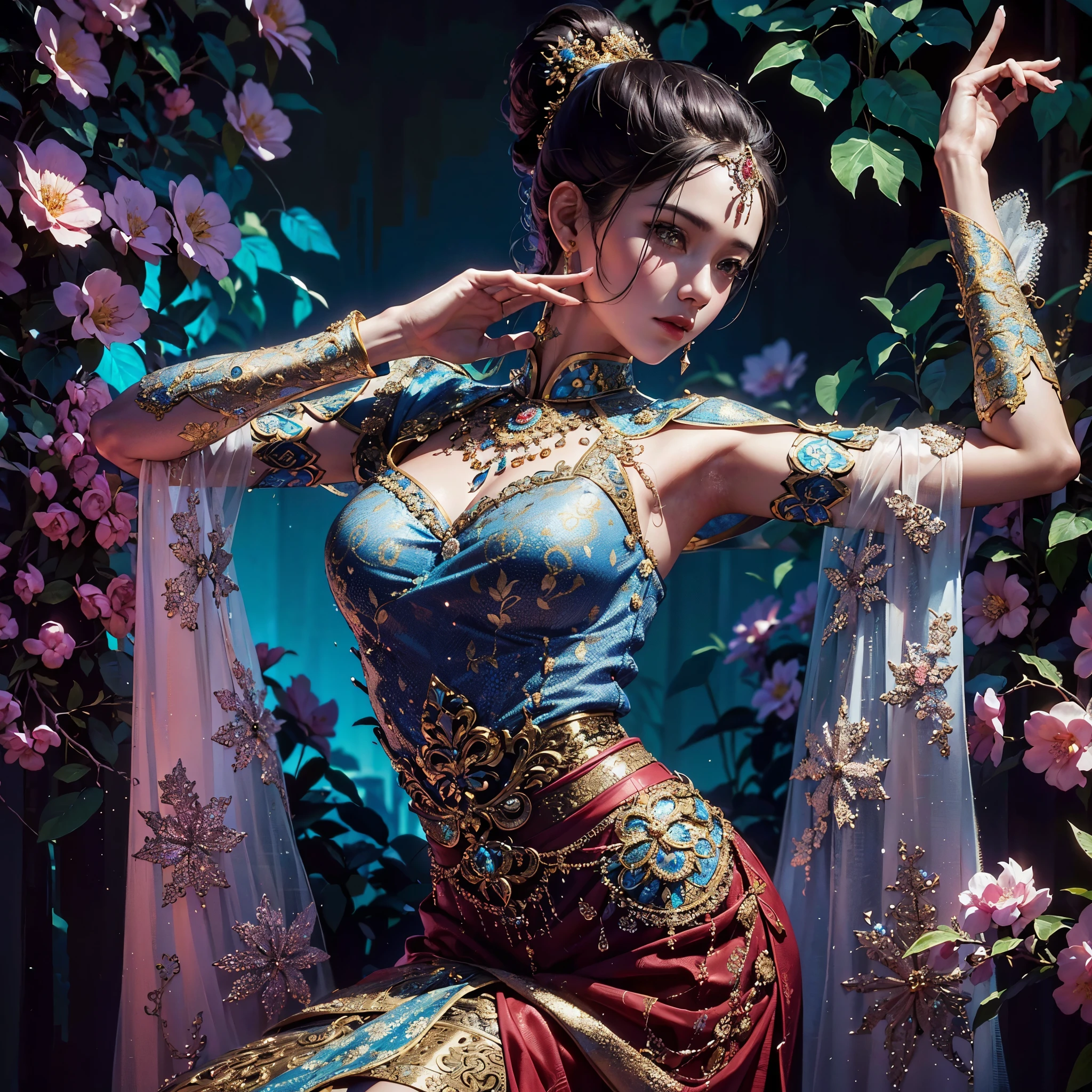 a woman in a blue and pink outfit posing in a garden, wearing an ornate outfit, wearing ornate clothing, wearing ornate silk clothes, inspired by Rudy Siswanto, traditional beauty, ornate attire, intricate silk clothing, ornate clothing, beautiful oriental woman, ao dai, beautiful costume, by Basuki Abdullah, beautiful digital artwork, portrait shot, intricate outfit, masterpiece, best quality:1.2),,(8k,highres,RAW photo,realistic,photo-realistic:1.3),(detailed skin texture,detailed cloth texture,beautiful detailed face:1.25),professional lighting,photon mapping,beautiful soft light,radiosity,physically-based rendering,raytracing, model shoot style, model shoot style, (extremely detailed CG unity 8k wallpaper), full shot body photo of the most beautiful artwork in the world,