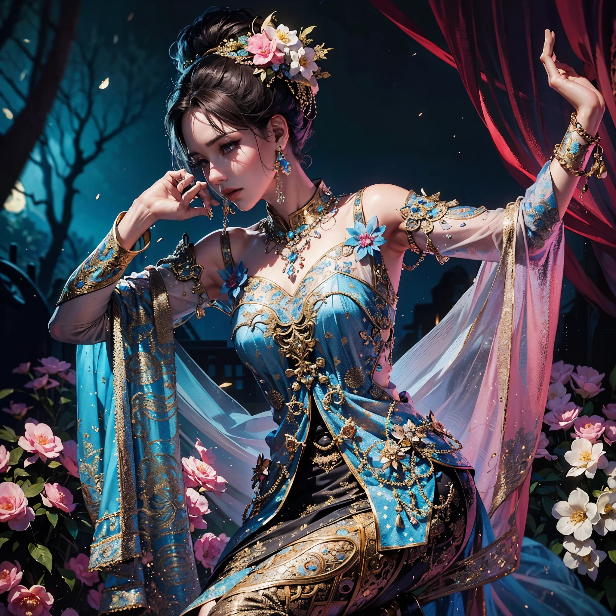 a woman in a blue and pink outfit posing in a garden, wearing an ornate outfit, wearing ornate clothing, wearing ornate silk clothes, inspired by Rudy Siswanto, traditional beauty, ornate attire, intricate silk clothing, ornate clothing, beautiful oriental woman, ao dai, beautiful costume, by Basuki Abdullah, beautiful digital artwork, portrait shot, intricate outfit, masterpiece, best quality:1.2),,(8k,highres,RAW photo,realistic,photo-realistic:1.3),(detailed skin texture,detailed cloth texture,beautiful detailed face:1.25),professional lighting,photon mapping,beautiful soft light,radiosity,physically-based rendering,raytracing, model shoot style, model shoot style, (extremely detailed CG unity 8k wallpaper), full shot body photo of the most beautiful artwork in the world,