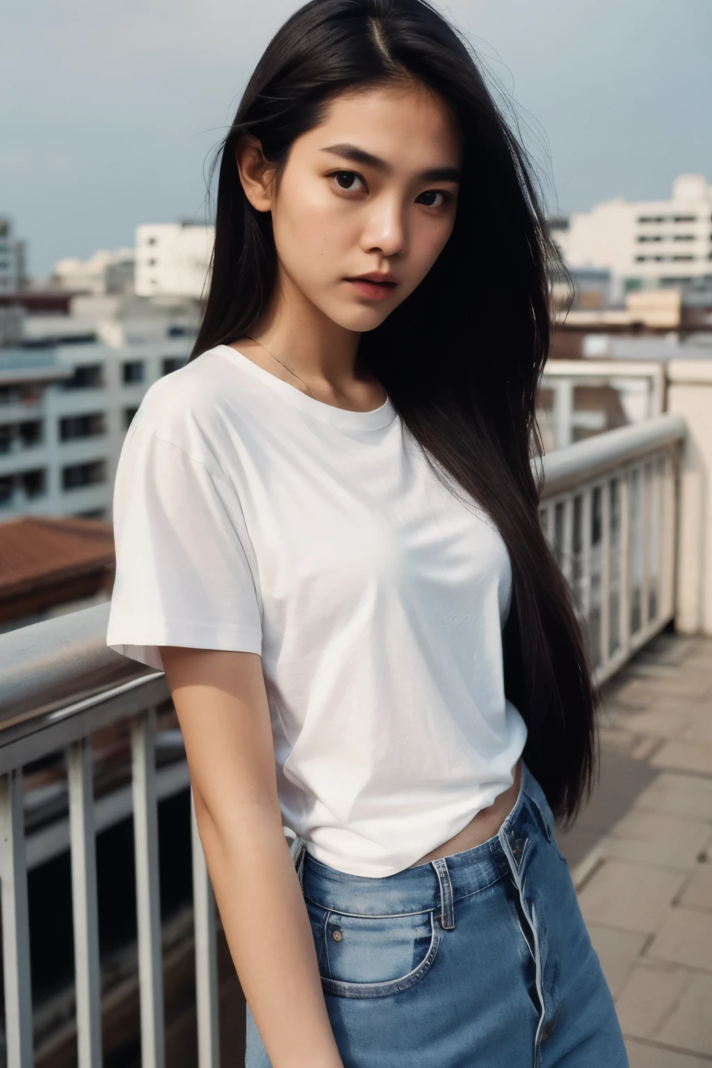 Thai Woman, look at viewer, long hair, T-Shirt , jeans, (town rooftop), film grain, rim light, upper body, close up shot, hands in pocket